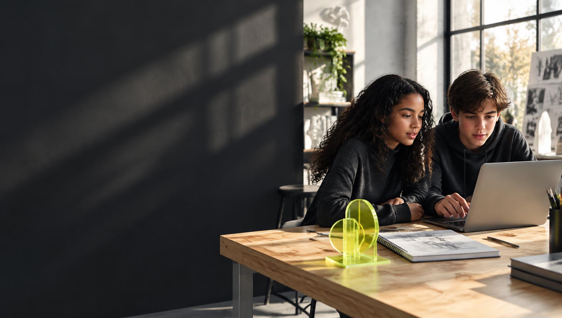Two young creators collaborating on a laptop in a modern design studio